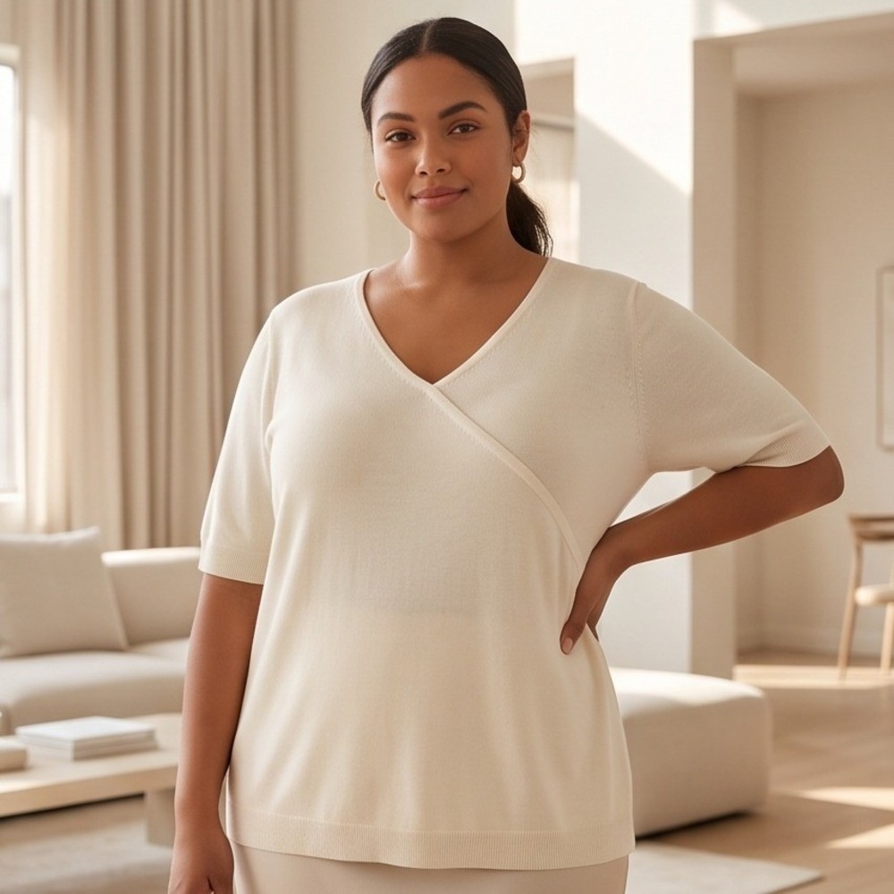 East 5th 3X Ivory V-Neck Short Sleeve Faux Wrap Knit Top Blouse NWT